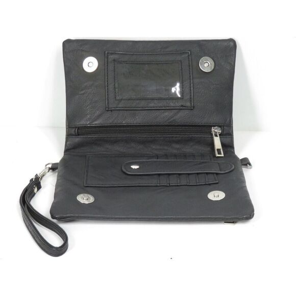 Black Leather Triple Zip Bifold Wristlet Wallet - Picture 7 of 7